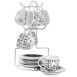 Gibson Home 13 Piece Espresso Mug and Saucer Set with Stand in White and Black