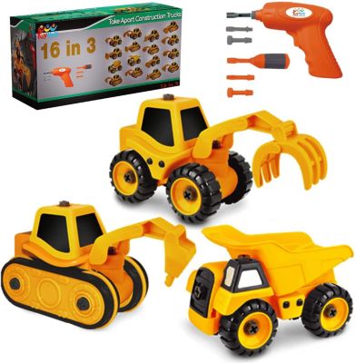 Toyvelt 16 in 3 Construction Take Apart Trucks Stem with Electric Drill - Dump Truck, Cement Truck & Digger Toy, with Drill Included, Great Gift For Boys & Girls Ages 3 - 12 Years Old - Updated 2021