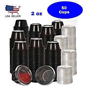 Kitcheniva 2 Oz Black Plastic Disposable Clear Cover 50 Cups with 50 Lids