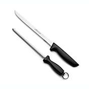 ARCOS 2 Piece Carving Knife Set. Ham Slicer Knife and Chaira Sharpener in Stainless Steel with Ergonomic Polypropylene Handle. Series Niza. Color Black
