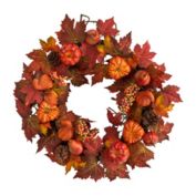 Nearly Natural Maple Leaf and Pumpkin Artificial Fall Harvest Wreath with Berries, 24-Inch