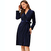 Allegra K Women&#39;s Velvet Soft Elegant Pajamas Sleepwear Bathrobe Belt Tie Flannel V Neck Midi Length Solid Lightweight Robe X-Small Navy