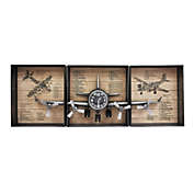 Peterson Artwares Metallic Vintage Airplane Wall Art with Clock, Set of 3