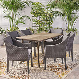 Contemporary Home Living 7-Piece Gray and Brown Contemporary Outdoor Furniture Patio Dining Set - Silver Cushions
