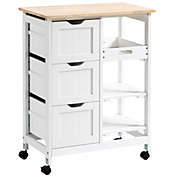 HOMCOM Rolling Kitchen Island Cart, Bar Serving Cart, Compact Trolley on Wheels with Wood Top, Shelves & Drawers for Home Dining Area, White