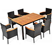 Costway-CA 7 Pieces Patio Rattan Dining Set with Armrest Cushioned Chair and Wooden Tabletop