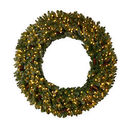 Nearly Natural 5'D Flocked Artificial Christmas Wreath with Pinecones, 300 Clear LED Lights and 680 Bendable Branches
