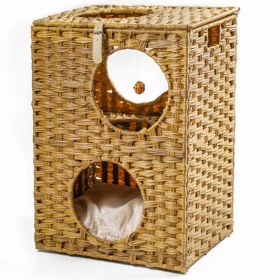 Yeah Depot Rattan Cat Litter, Cat Bed with Rattan Ball and Cushion, Brown
