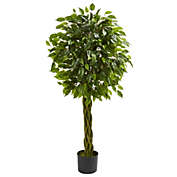 Nearly Natural Indoor/Outdoor 4&#39; Ficus Artificial Tree with Woven Trunk, UV Resistant