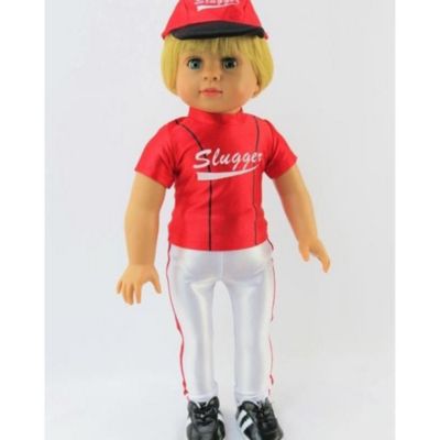 American Fashion World 18&quot; Doll Clothing, Red Baseball Slugger Outfit with Accessories