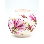 Art Glass Designs 7" Pink and White Blooming Magnolia Floral Round Glass Vase