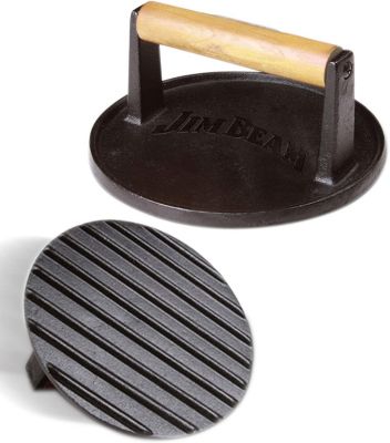 Jim Beam Black Cast Iron Burger Press - 7&#39;&#39; Heavy Duty Burger Press with Solid Wood Handle