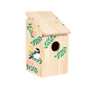 Evergreen Wood Birdhouse with Bluebird and Red Flowers- 5x9x5 in