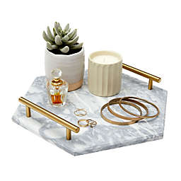 Juvale Hexagon Marble Tray with Gold Colored Handles for Bathroom Vanity Jewelry, Trinkets, Perfume (11.8 x 10 x 0.4 in)