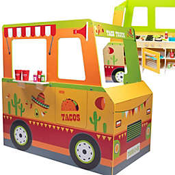 Svan Taco Truck Wooden Playset, 30 Fun Toy Pieces Including Cook Top, Steering Wheel, Sink & Sticker Sheet for Kid Name, Includes Taco Shells, Cheese, Meat Patties & More, Play Stand for Outdoor Summer Fun
