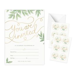 Rileys & Co 50 Pack Wedding Invitation Cards with Envelopes, Bonus Stickers Included, Gold Foil Print and Leaf Design, 5x7 Inches