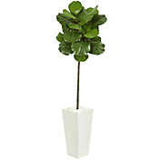 Nearly Natural 5.5&#39; Fiddle Leaf Artificial Tree in White Tower Planter