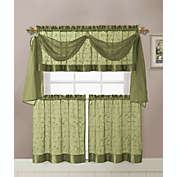 Kate Aurora Living Complete 4 Piece Linen Leaf Embroidered Complete Kitchen Curtain Set - 58 in. W x 36 in. L, Sage