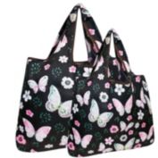 Wrapables Large & Small Foldable Tote Nylon Reusable Grocery Bags, Set of 2, Midnight Butterfly
