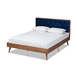 Baxton Studio Larue Modern and Contemporary Navy Blue Velvet Fabric Upholstered and Walnut Brown Finished Wood Queen Size Platform Bed