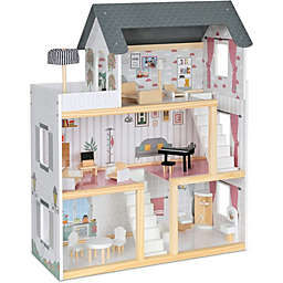 Lil' Jumbl Kids Large Wooden Dollhouse, 17-Piece Accessories Easy to Assemble Doll House Toy