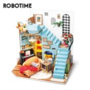 Robotime DIY Wooden Dollhouse - Joy&#39;s Peninsula Living Room with Stairs