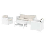 Luxury Commercial Living 4 Piece White Outdoor Patio Conversation Set with Natural Sunbrella Cushion 78"