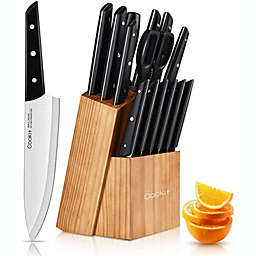 Rainbean  Knife Set with Block, Cookit 15 Pieces Kitchen Knife Set with Pine Block Holder