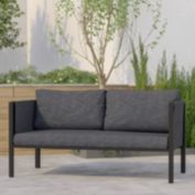 Emma + Oliver Adelina Indoor Outdoor Patio Loveseat Black Steel Framed Lounger with Charcoal Cushions and 2 Storage Pockets