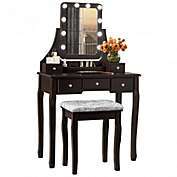 Costway Vanity Dressing Table Set with 10 Dimmable Bulbs and Cushioned Stool-Brown