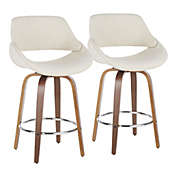 Contemporary Home Living Set of 2 Mid Century Modern Cream Colored Fabric Counter Stools with Walnut Legs 38"