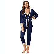 Allegra K Women&#39;s Velvet V Neck Lace 3pcs with Belted Lounge Elastic Waistband Sleepwear Nightwear Pajama Set with Robe Small Dark Blue
