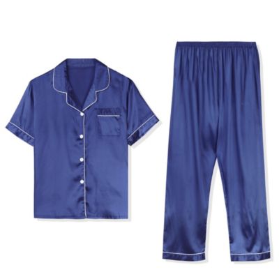 TATT 21 Men's Classic Satin Pajama Sets Short Sleeves Button Down Drawstring Waist Solid Nightwear Sleepwear Loungewear Pajamas Small Blue