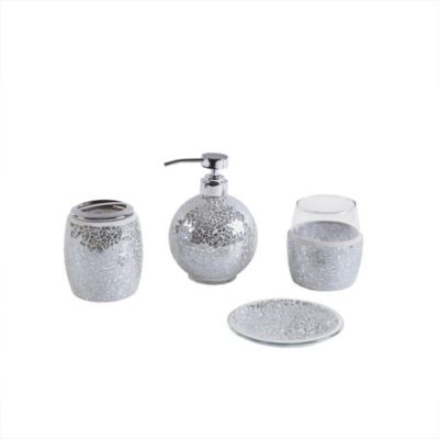4Pcs Bathroom Decor Accessories Set|Bling Silver Mosaic Glass|Bath Restroom ... 