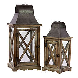 Urban Trends Collection Wood Square Lantern with Metal Top and Hangers, Set of 2, Natural Wood Finish - Brown