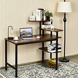 Costway Computer Desk Writing Study Table with Storage Shelves Home Office Rustic Brown-Rustic Brown
