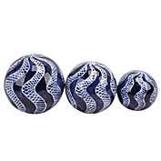 Kingston Living Set of 3 Blue and White Swirly Ceramic Spherical Orbs Tabletop Decor 6"