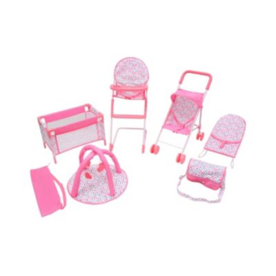 KOOKAMUNGA KIDS 6 Piece Doll Accessories Playset Toy Pram Stroller High Chair with Feeding Tray Playpen and Travel Cot Baby Bouncer Diaper Changing Bag Activity Mat