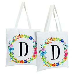 Okuna Outpost Set of 2 Reusable Monogram Letter D Personalized Canvas Tote Bags for Women, Floral Design (29 Inches)