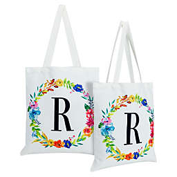 Okuna Outpost Set of 2 Reusable Monogram Letter R Personalized Canvas Tote Bags for Women, Floral Design (29 Inches)
