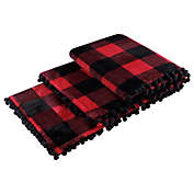 PiccoCasa Buffalo Plaid Flannel Throw Blanket with Pom Poms   Tartan Checkered Fleece Blanket Throw Size   Soft Plush Microfiber Blankets for Bed, Sofa, Couch, Travel, Camping   50"x60", Fiery Red and Black