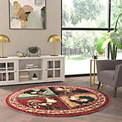 Emma and Oliver Welsummer Round 6x6 Rustic Farmhouse Plush Olefin Accent Rug with Rooster Design and Floral Borders and Natural Jute Backing