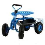 Sunnydaze Rolling Cart with Steering Handle Swivel Seat & Planter Basket - Blue