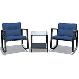 Costway-CA 3 Pcs Patio Rattan Set Rocking Chair Cushioned Sofa Garden Furniture-Navy