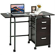 Gymax Folding Computer Laptop Desk Wheeled Home Office Furniture w/3 Drawers Brown