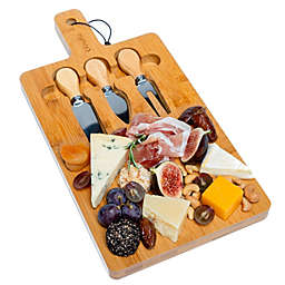 BlauKe Bamboo Cheese Board and Knife Set - 12x8 inch Charcuterie Board with Magnetic Cutlery Storage - Wood Serving Tray with Handle