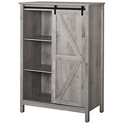 HOMCOM Accent Cabinet, Kictchen Cupboard Storage Cabinet, 3-Tier Organizer with Barn Door and Adjustable Shelf, Grey Oak