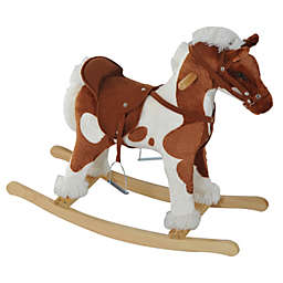 Qaba Kids Plush Ride-On Toy Rocking Horse Toddler Plush Animal Rocker with Nursery Rhyme Music - Light Brown / White