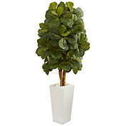 Nearly Natural 5&#39; Fiddle Leaf Artificial Tree in White Tower Planter