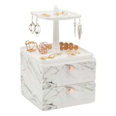 Glamlily Marble Jewelry Display Tray and Makeup Organizer with Drawer for Vanity (7.3 x 7.7 x 13 in)